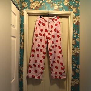 SHEIN Pink Pants with Red Strawberry Print